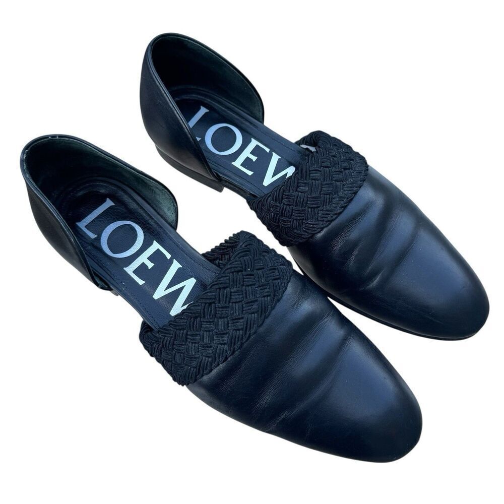 Loewe Black Leather Mules Flats Slip On Size 38 Pointed Toe Designer Old Money